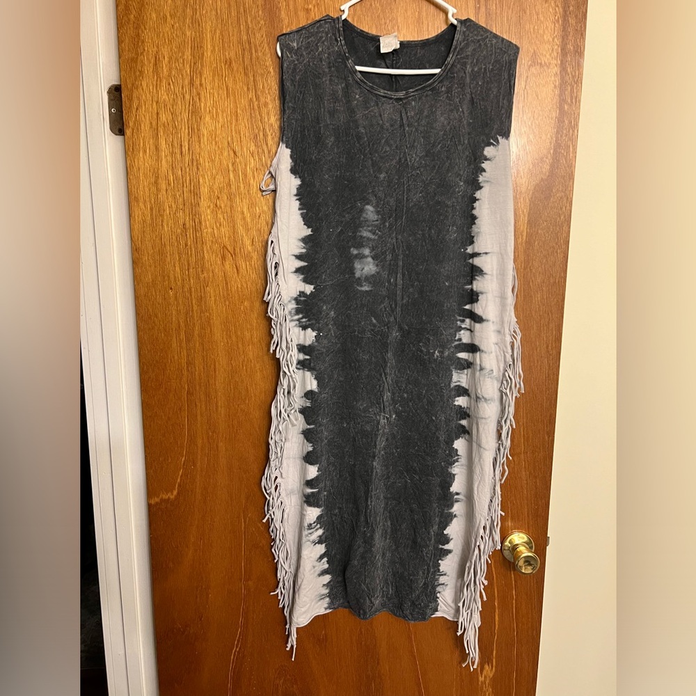 American age acid wash fringe midi dark gray dress; size L